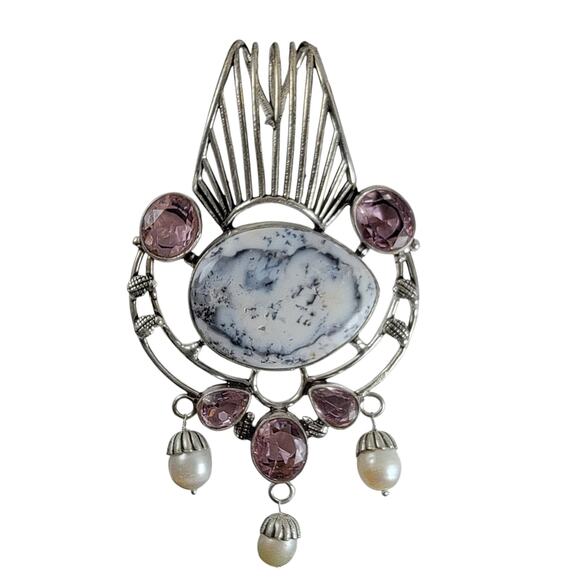 Dendritic Opal Pink Gemstone Pearl Pendant 3" Sterling Silver Jewelry - Picture 2 of 9